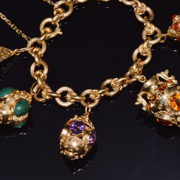 Estate Italian Etruscan Solid 18K Gold Citrine Turquoise Charm Fob Bracelet - Picture 4 of 14